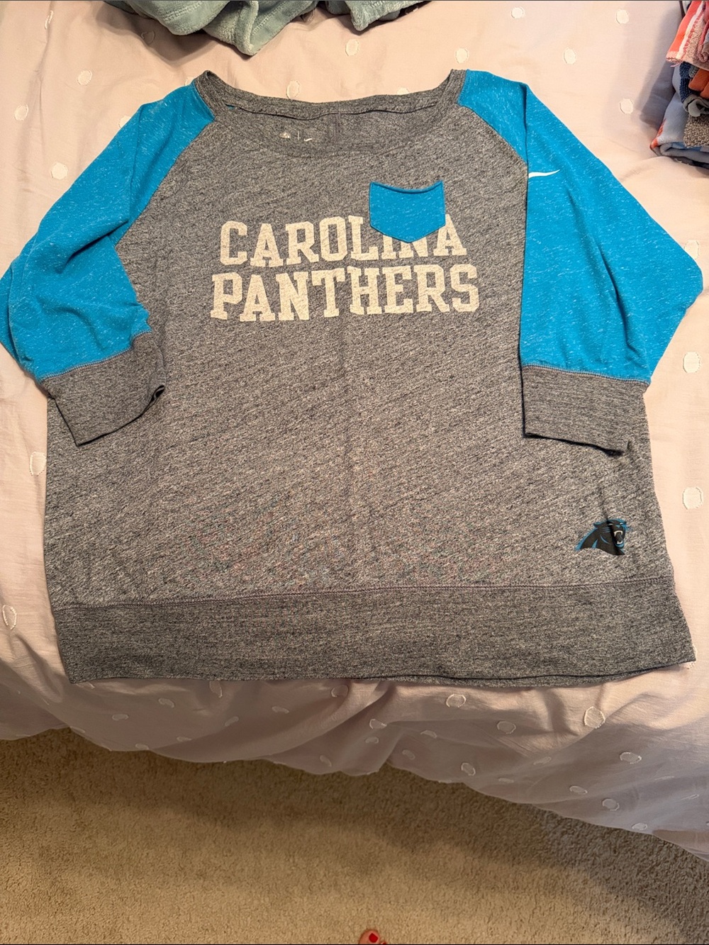 NFL Carolina Panthers Heather Gray & Teal Raglan Pocket 3/4 sleeve t shirt